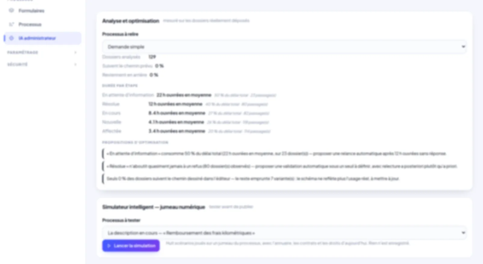 Écran HRflow : l'analyse d'un processus montre la durée moyenne par étape, la part du délai total consommée par chacune, et trois propositions d'optimisation formulées comme des actions