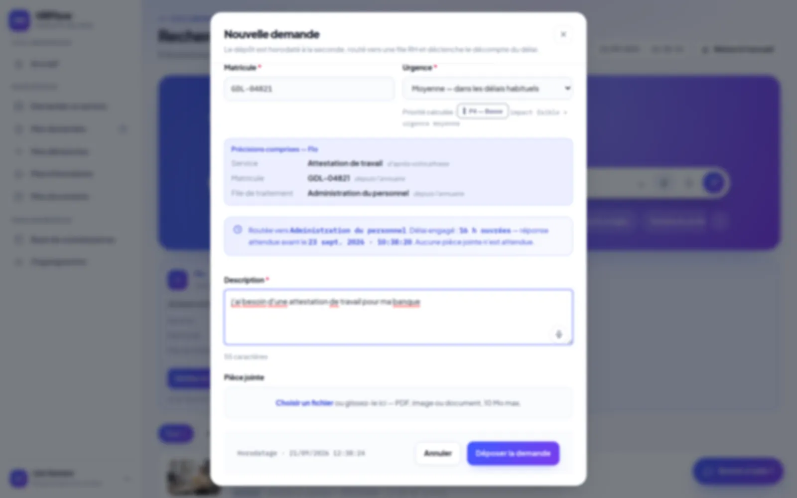 Écran HRflow : à partir d'une phrase du salarié, l'agent IA ouvre la demande d'attestation de travail et a déjà rempli le service, le matricule, la file de traitement et le délai engagé