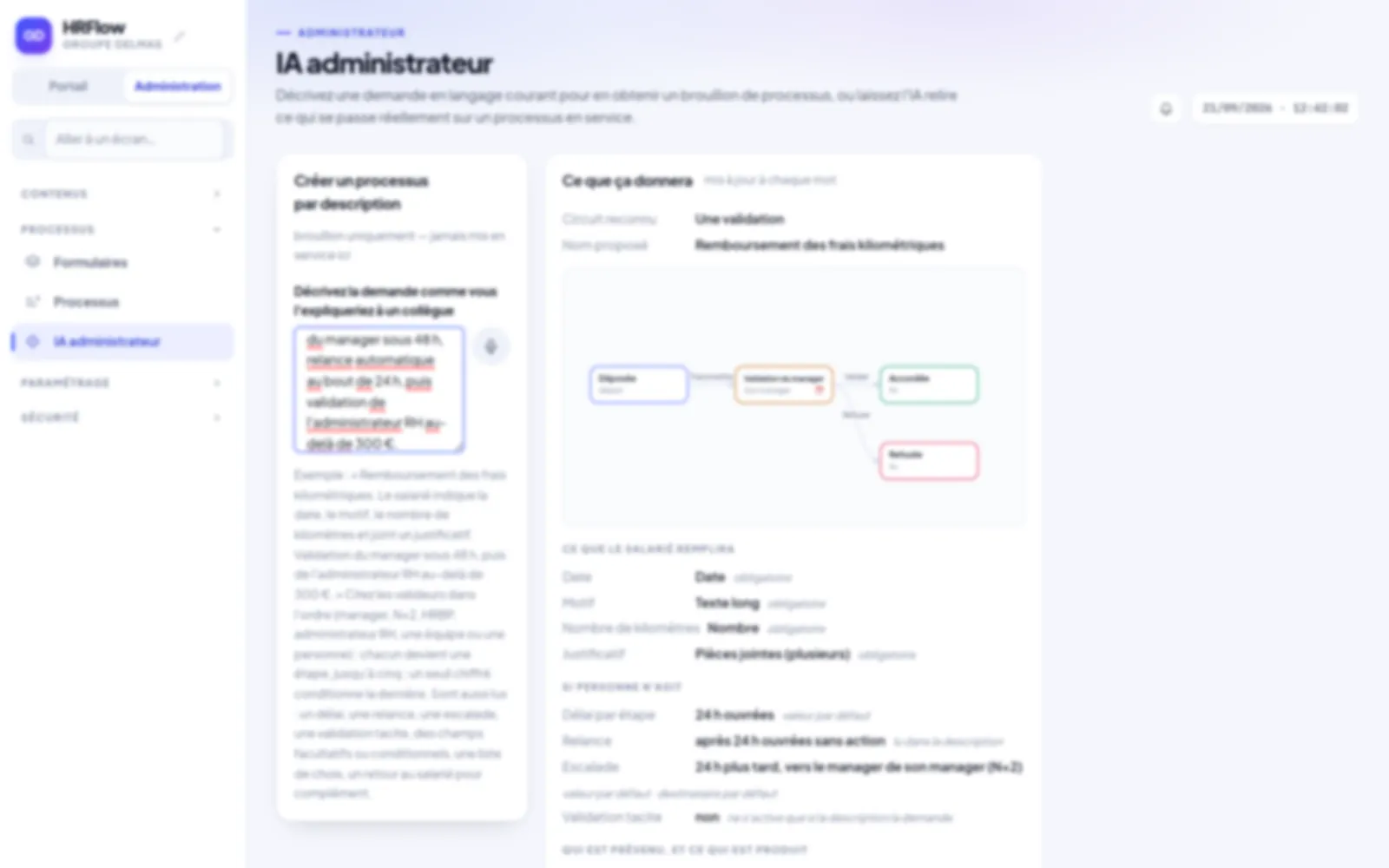 Écran HRflow : l'IA administrateur transforme une description en français en un circuit de validation dessiné, un formulaire typé, des délais, une relance et une escalade