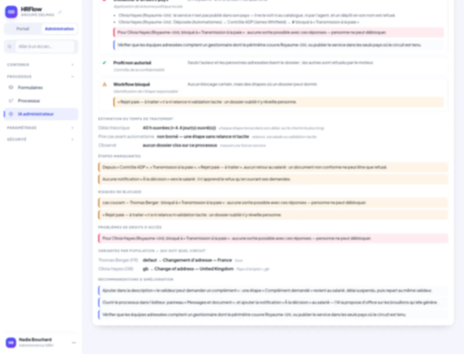 Écran HRflow : le rapport du simulateur IA liste les étapes manquantes, les risques de blocage, les problèmes de droits d'accès, les variantes par population et les recommandations d'amélioration d'un processus avant sa publication