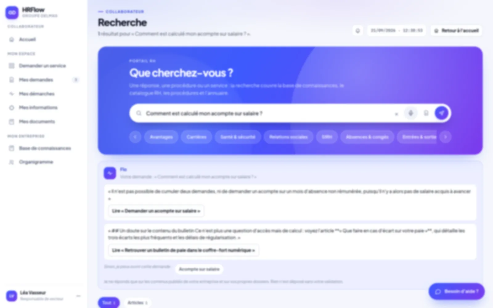 Écran HRflow : l'agent Flo répond à une question sur l'acompte sur salaire en citant deux articles de la base de connaissance et propose en second d'ouvrir la demande correspondante